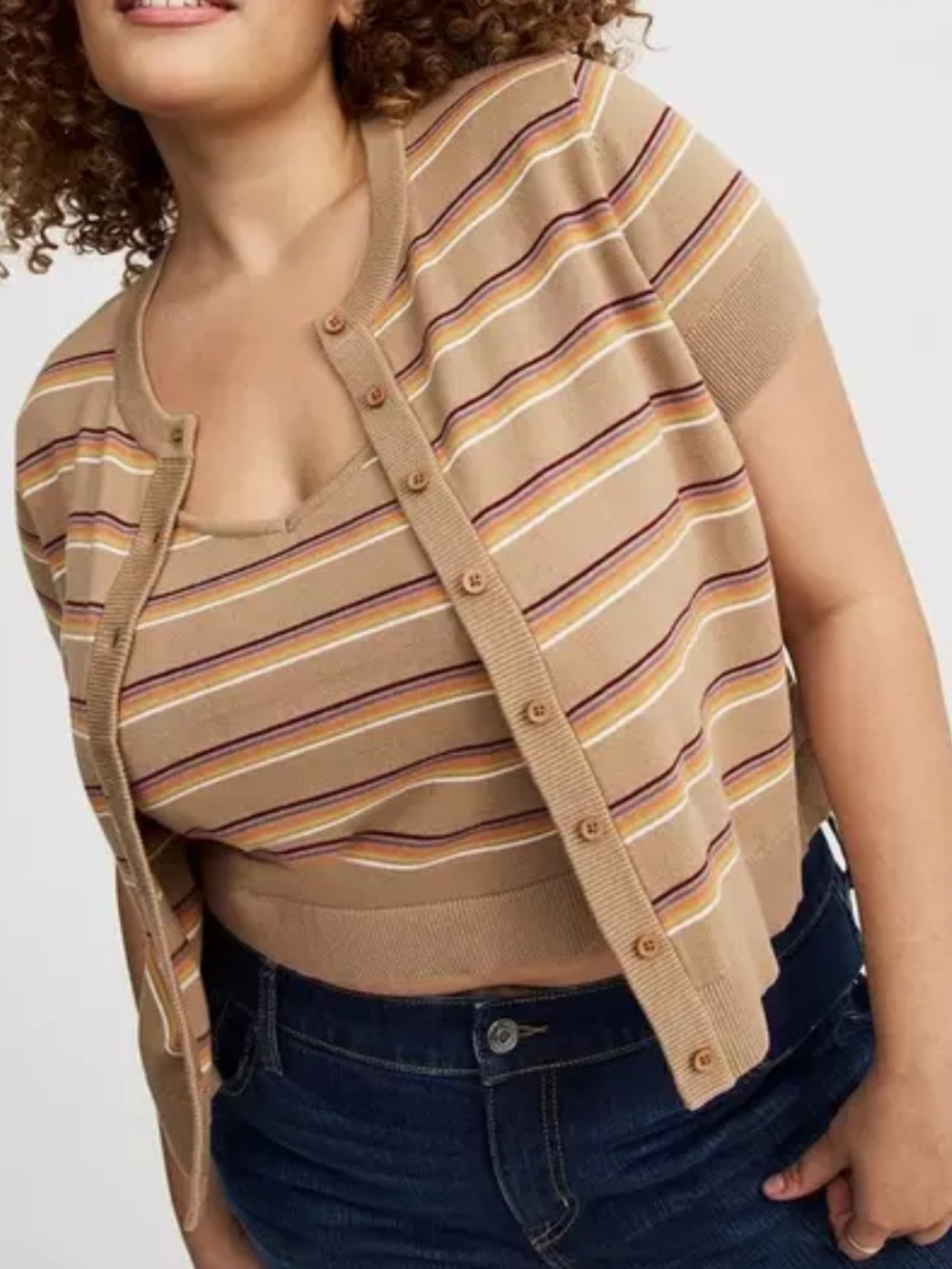 Torrid 2pc Taupe Cropped Sweater Tank with Crewneck Short Sleeve Cardigan